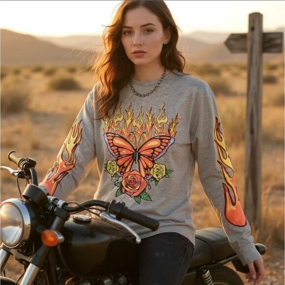 Angst & Anarchy Oversized Graphic Tee w/ Butterfly & Flame Sleeves by Delia*s L - Picture 2 of 3